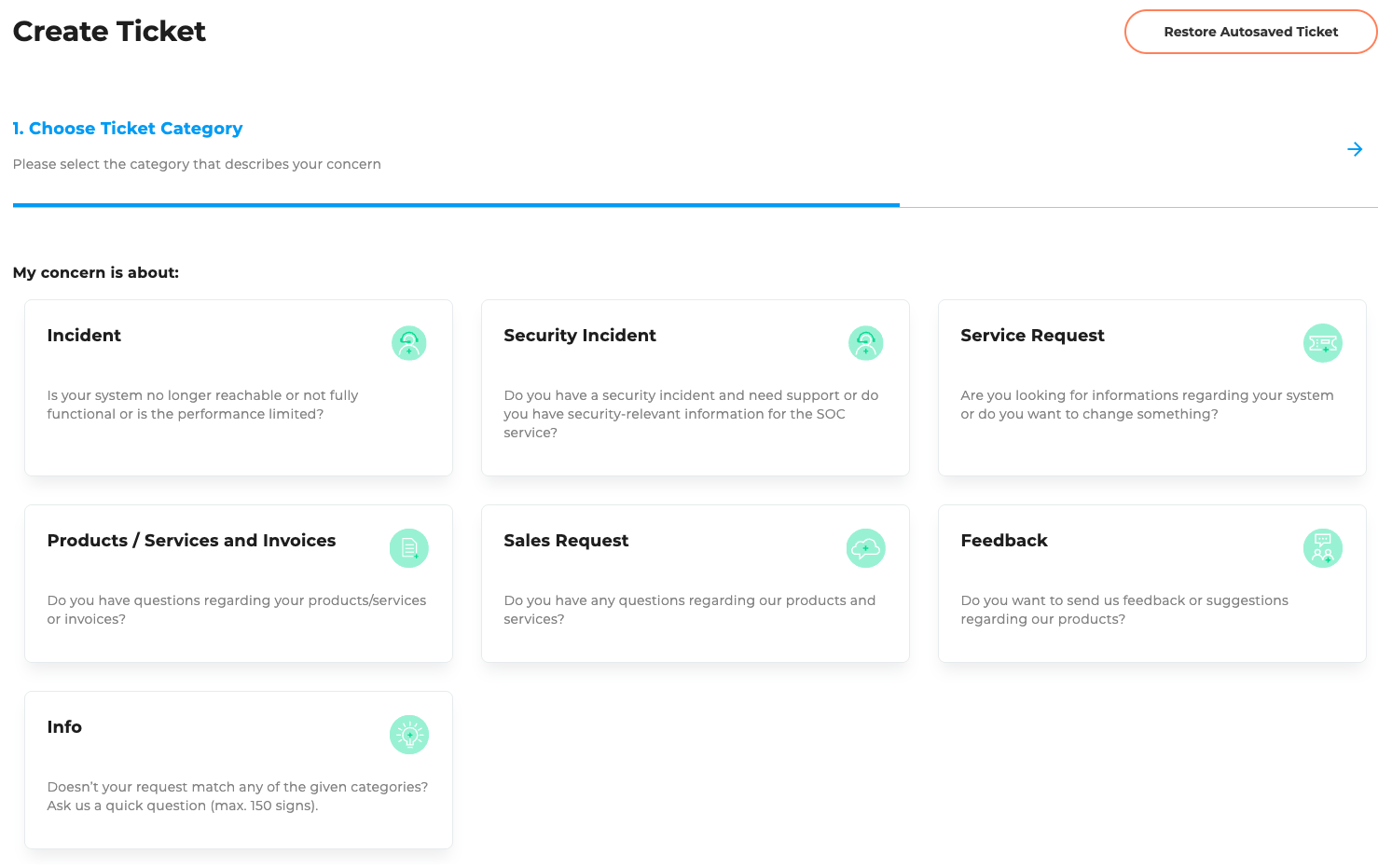 Ticket creation: Category selection