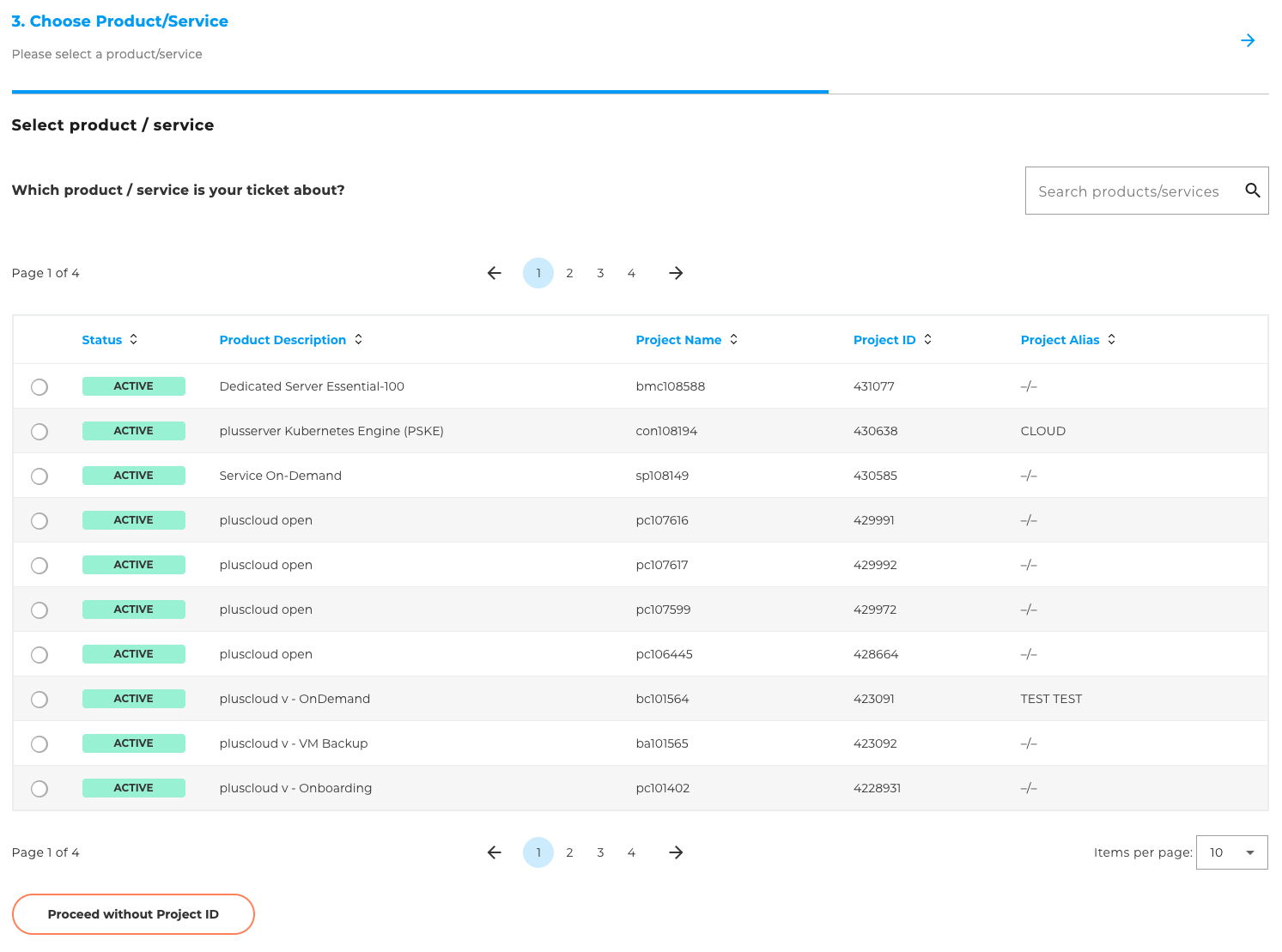 Ticket creation: Selecting a product/service
