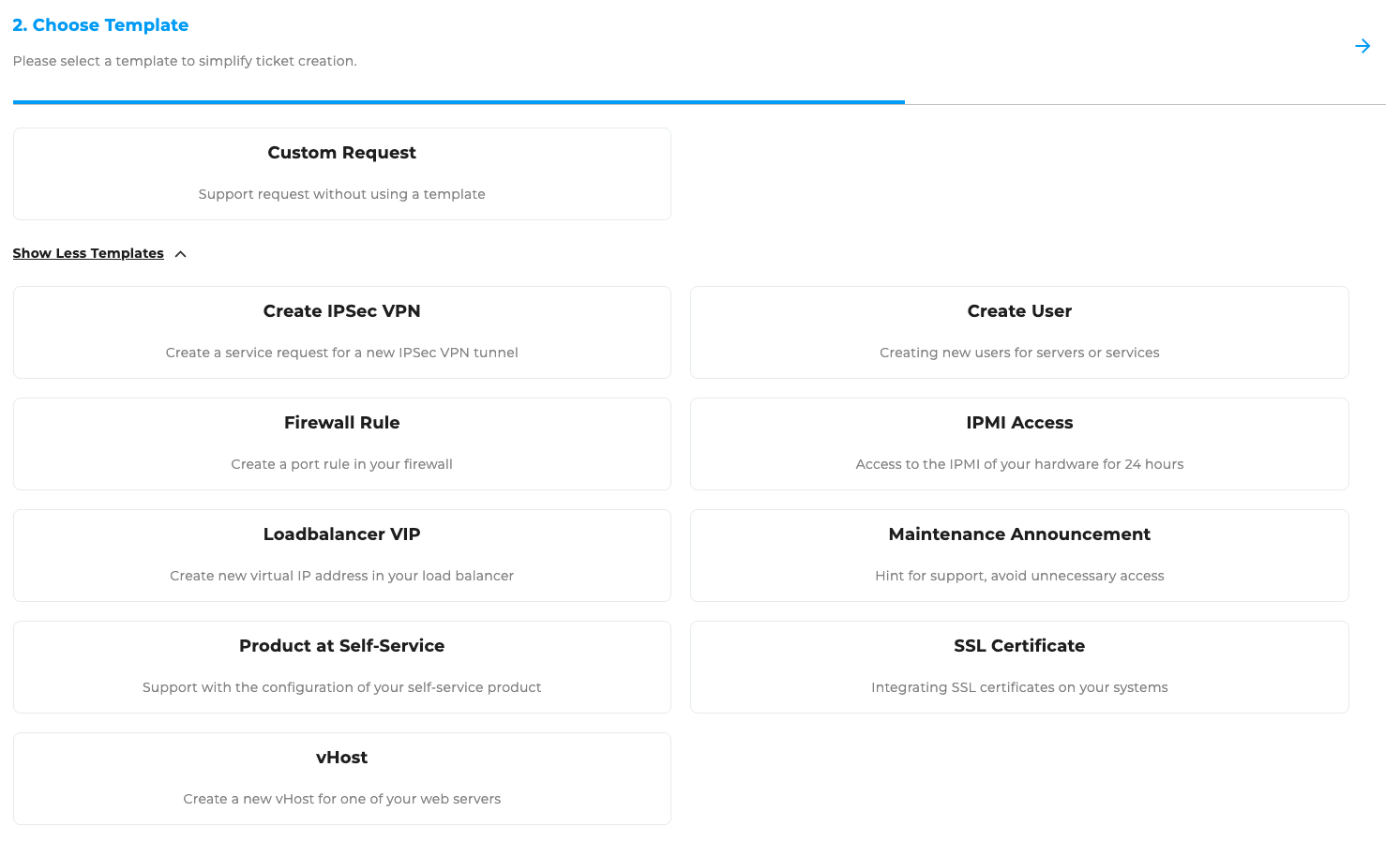 Ticket creation: Selecting a template