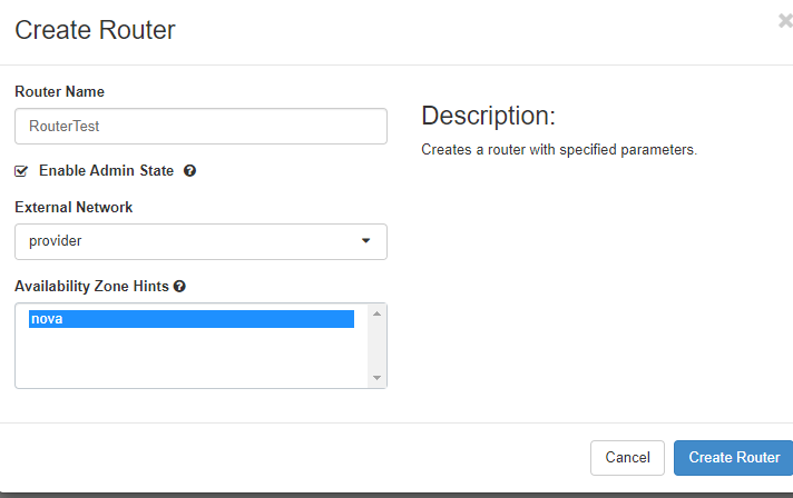 screenshot of the create routers menu