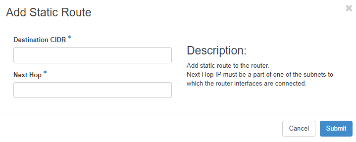 screenshot of the add static route menu