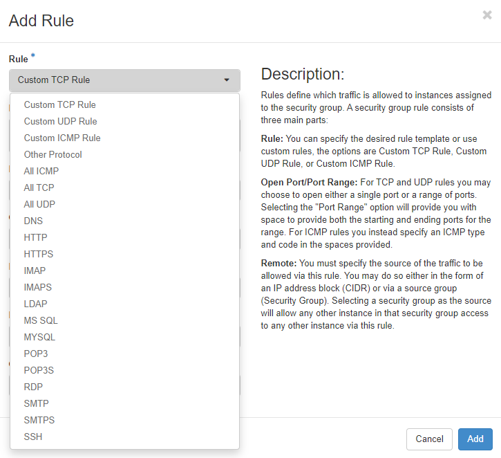 screenshot of the add rule menu