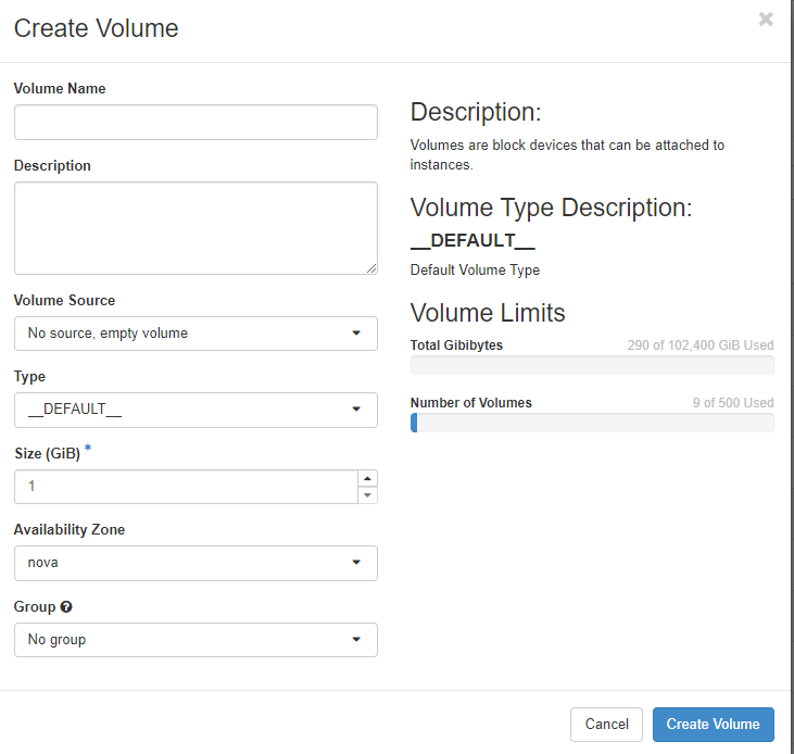 screenshot of the create volume menu