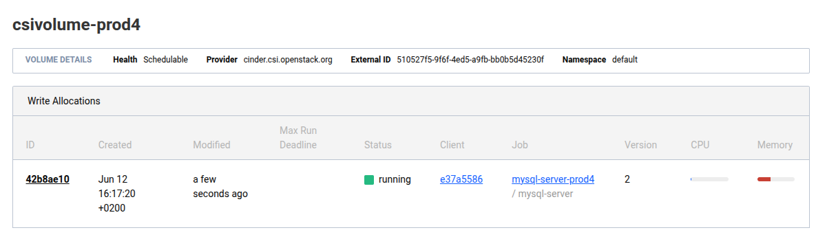 Nomad web UI with volume allocation