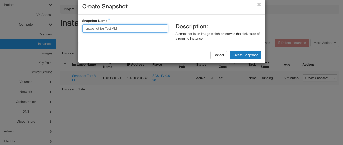 screenshot of the create snapshot menue