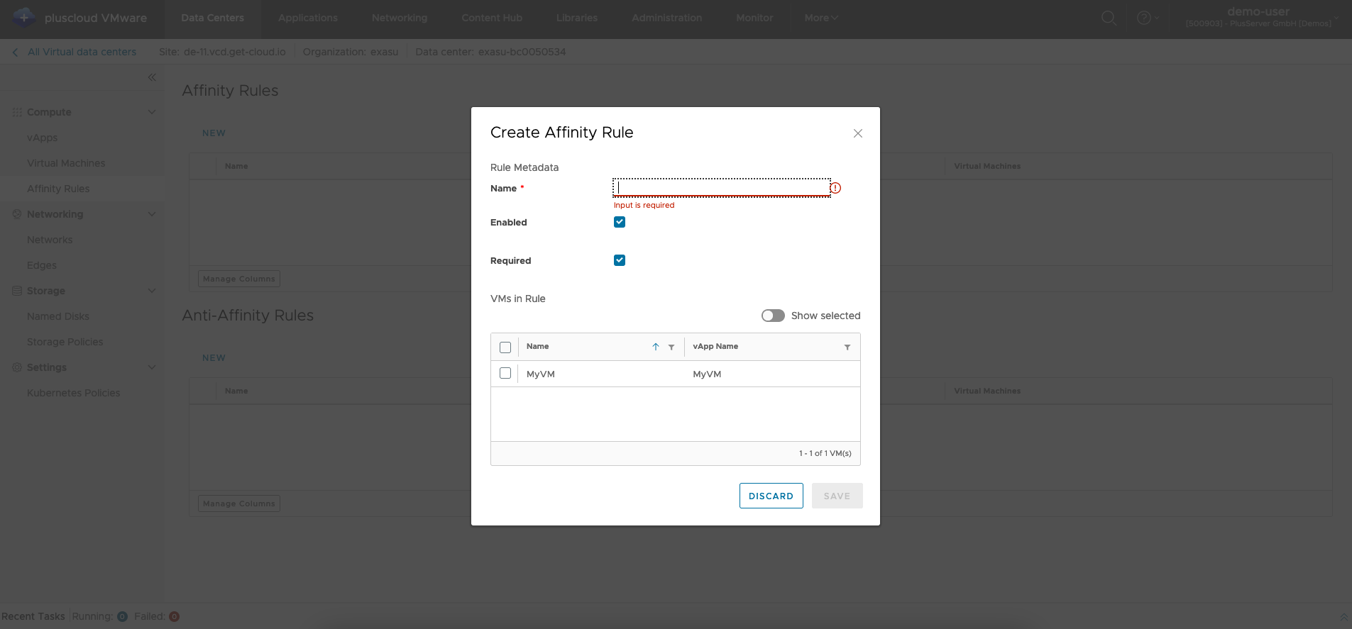 Screenshot: Create affinity rule