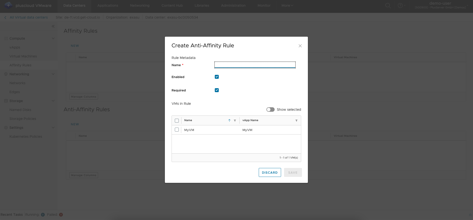 Screenshot: Create antiaffinity rule