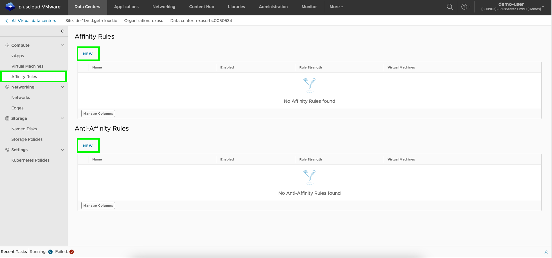 Screenshot: Affinity and anti-affinity rules