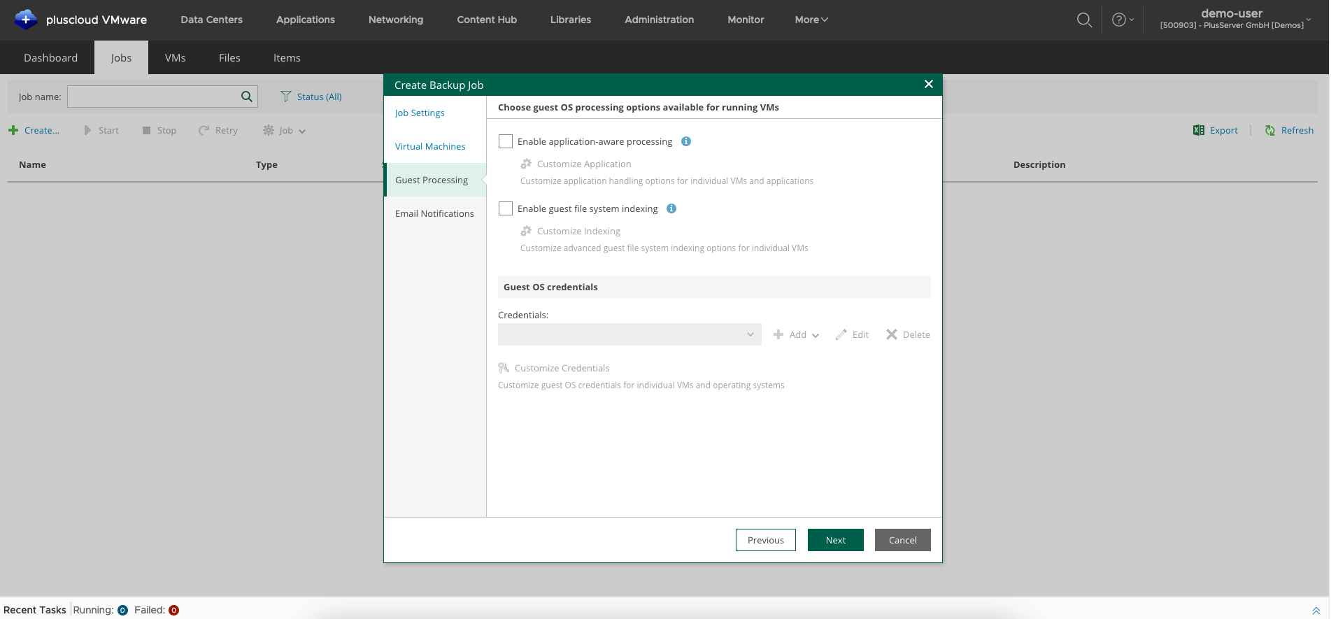 Screenshot: Creating backup job: guest integration