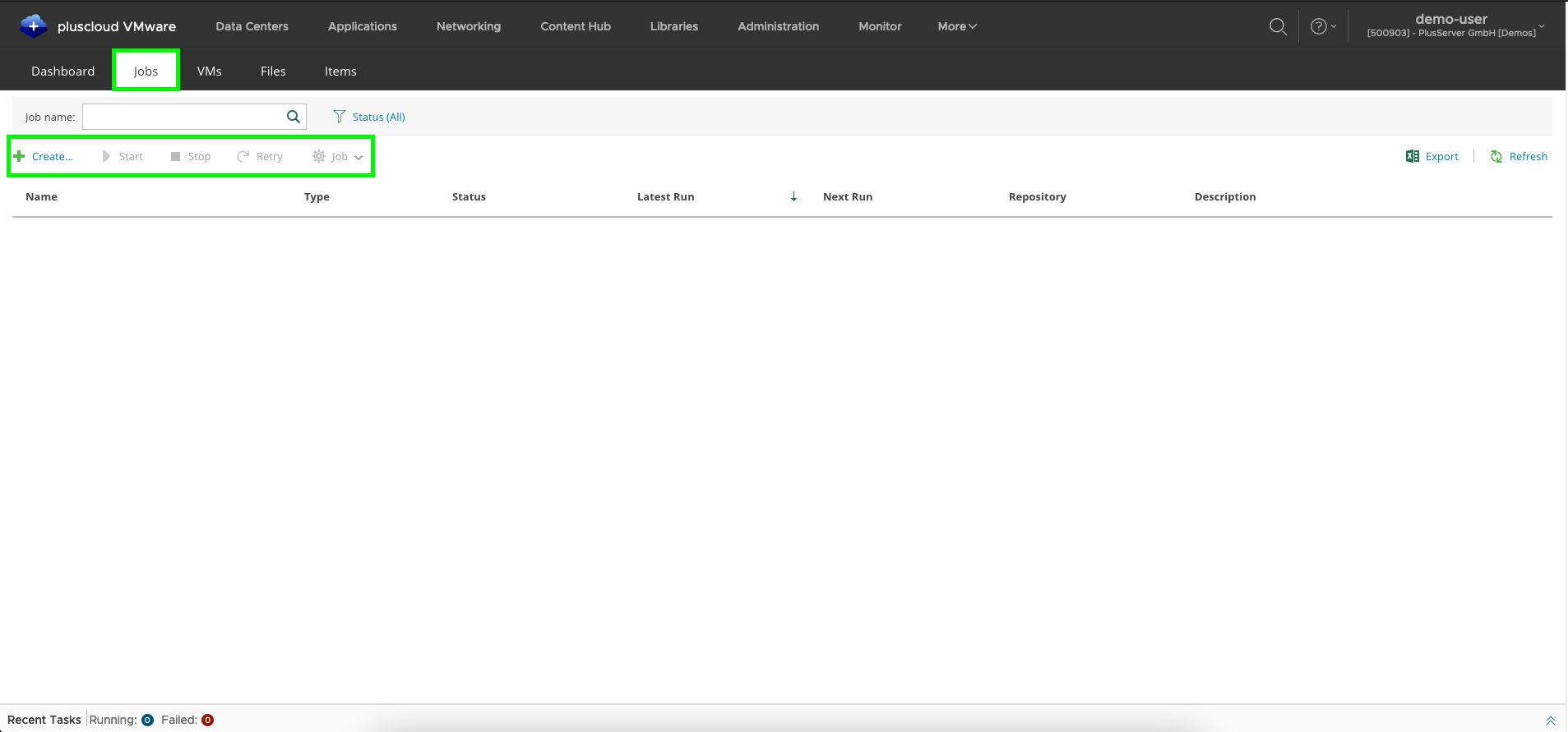 Screenshot: Job tab of the backup portal