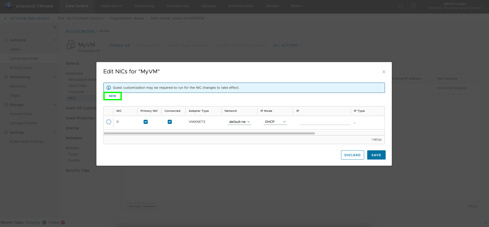 Screenshot: VM network adapter editing