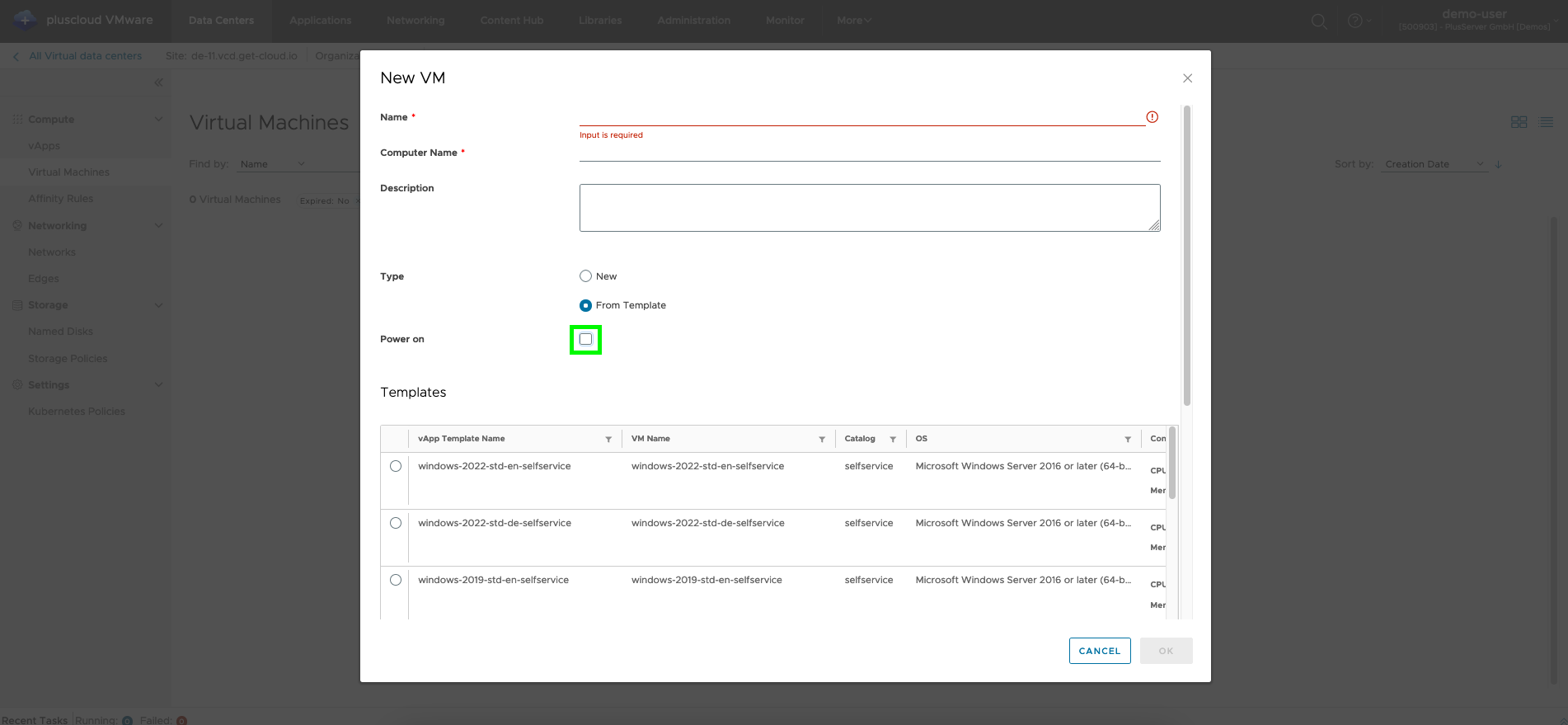 Screenshot: Create VM form