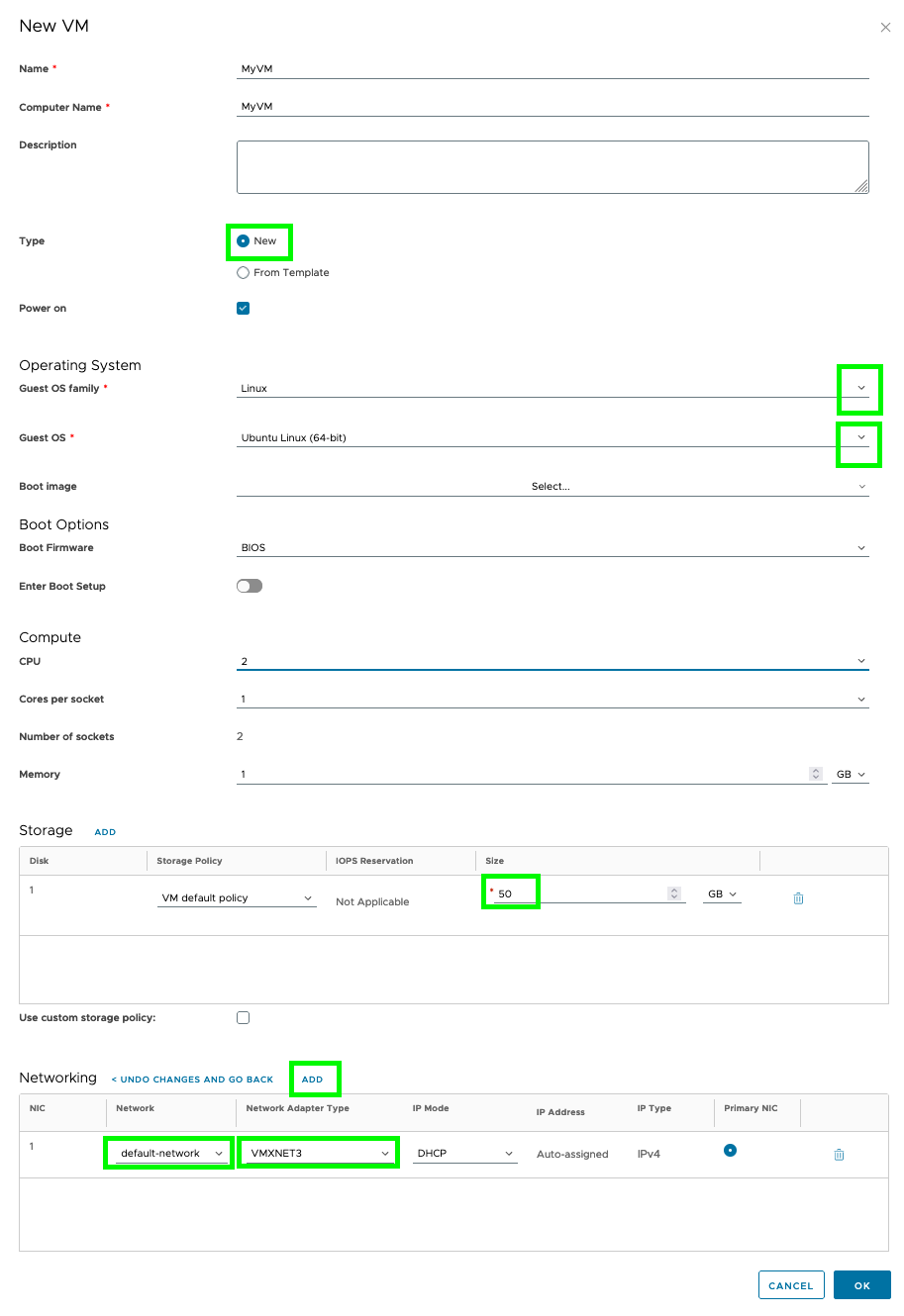 Screenshot: Create VM from start image