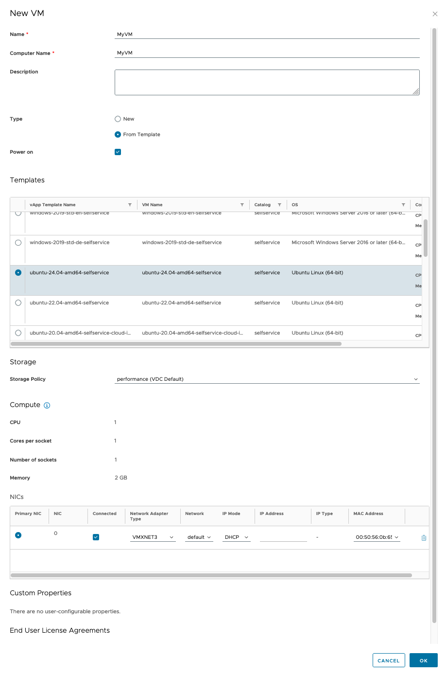 Screenshot: Create VM from template