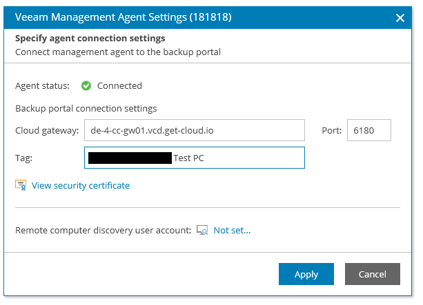 Screenshot: agent status is connected