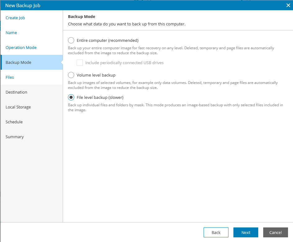 Screenshot: Backup mode selected