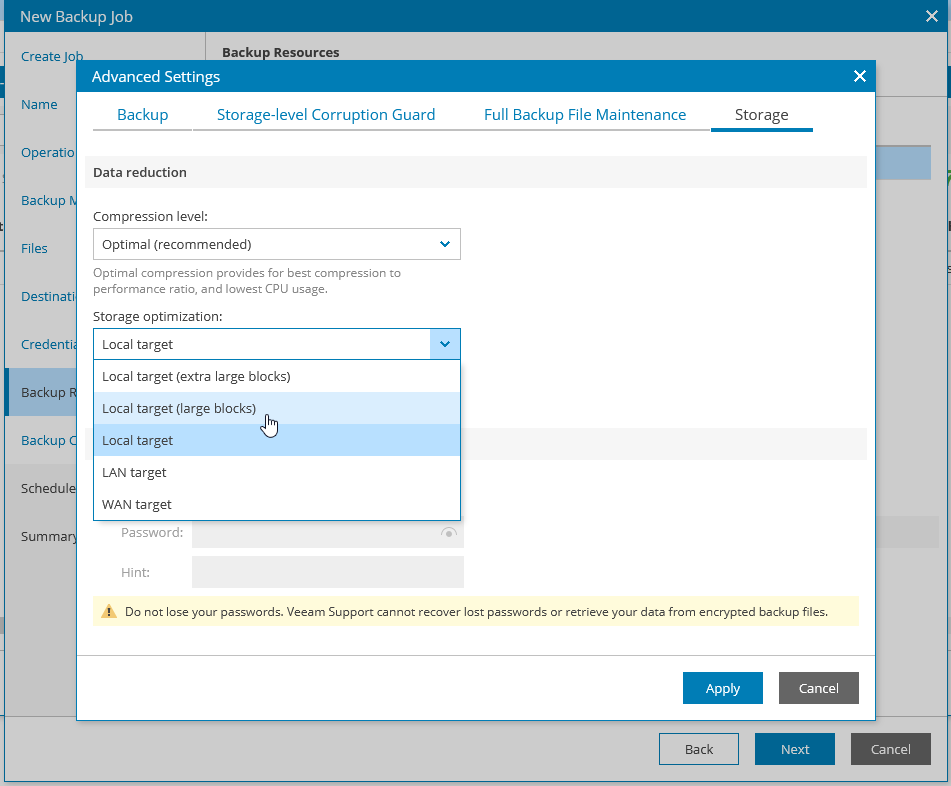 Screenshot: Storage optimization options