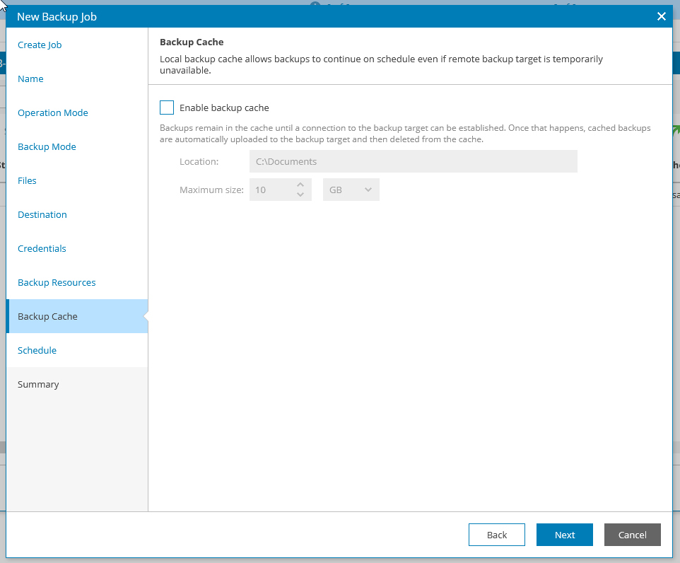 Screenshot: Set Backup cache