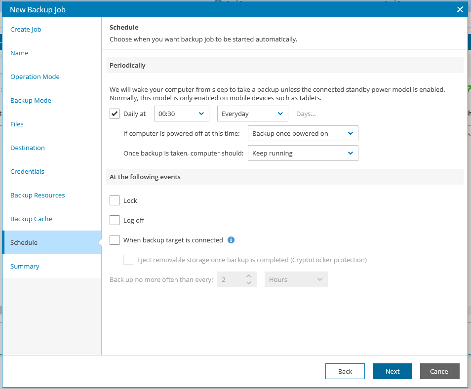 Screenshot: Set schedule for Backup cache