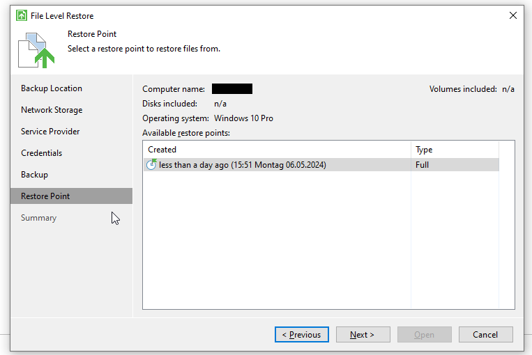Screenshot: Wizard window File Level Restore