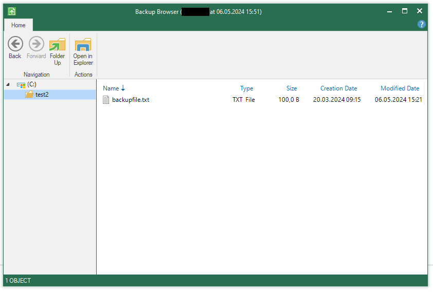 Screenshot: Test2 folder selected