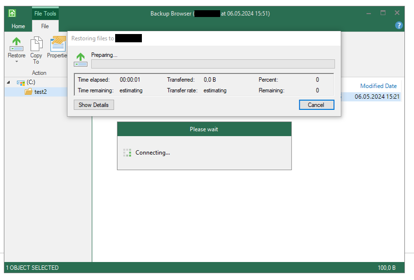 Screenshot: Restoring files to NB-61239