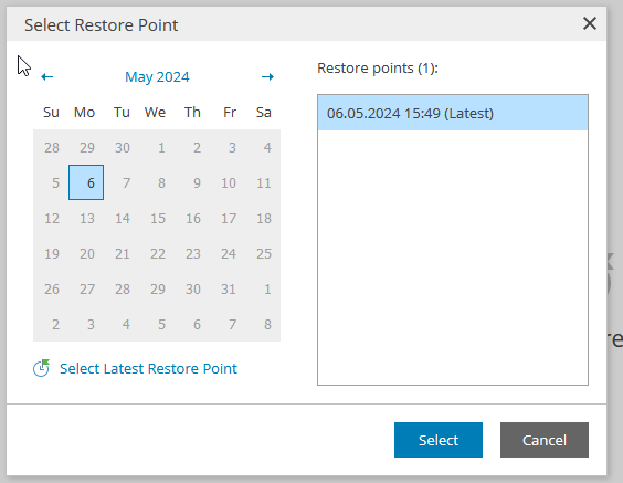 Screenshot: Select Restore Point