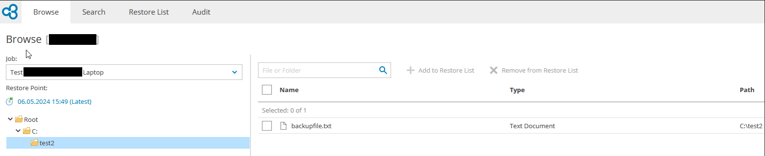 Screenshot: Test2 folder clicked