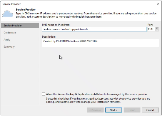 Screenshot: Wizardwindow - Service Provider