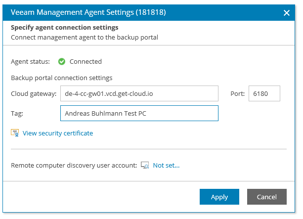 Screenshot: agent status is connected