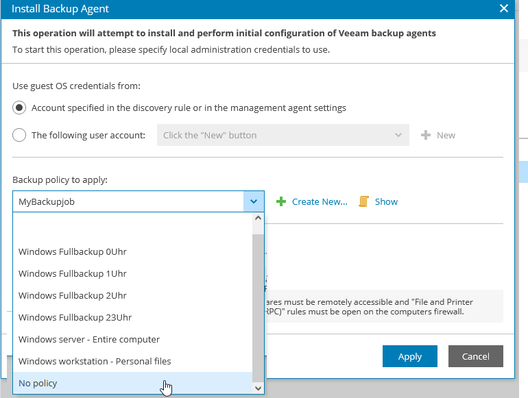 Screenshot: select no policy