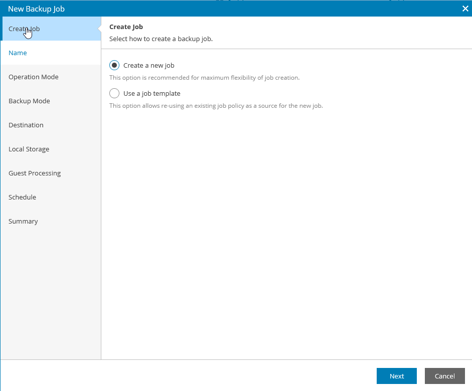 Screenshot: New backup job wizard window