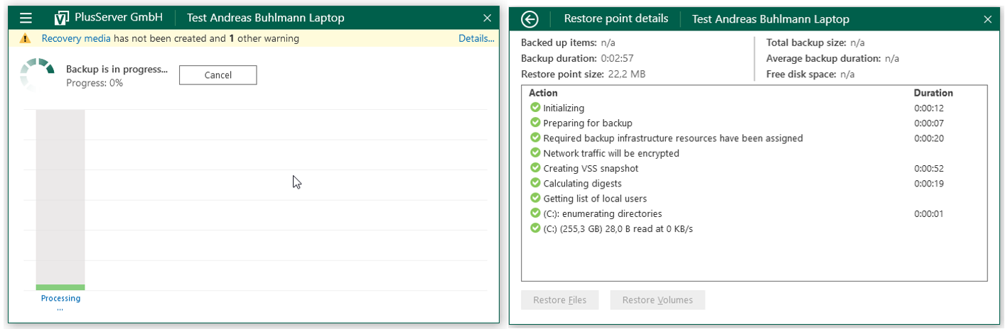 Screenshot: Status and restore point details