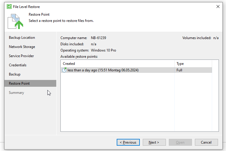 Screenshot: Wizard window File Level Restore