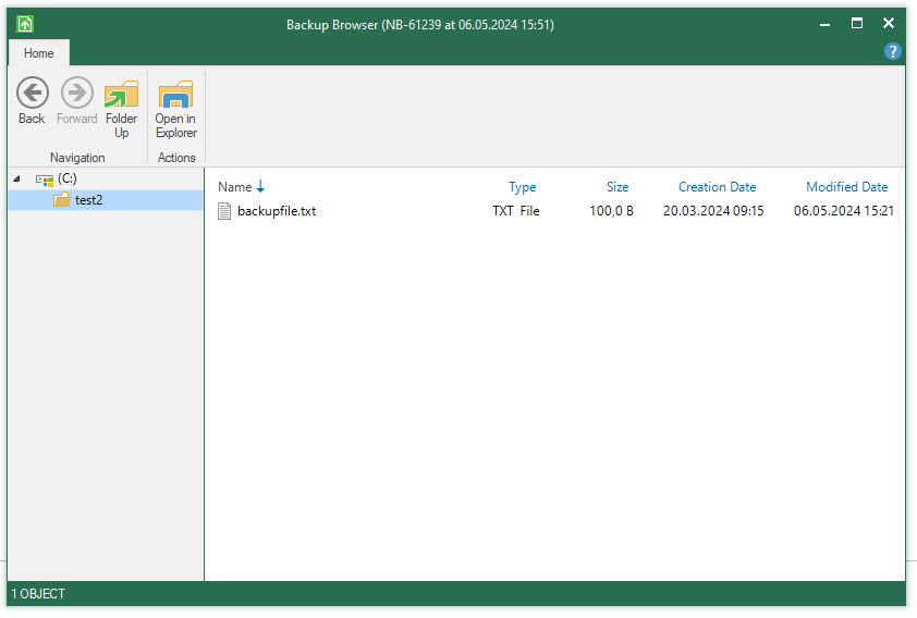 Screenshot: Test2 folder selected