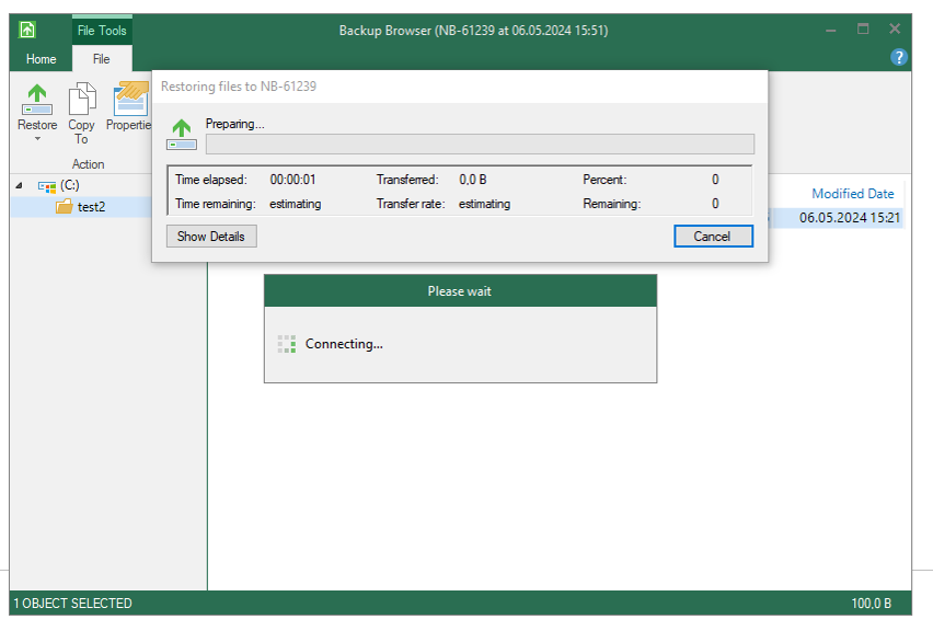 Screenshot: Restoring files to NB-61239