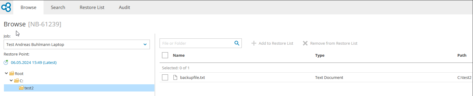 Screenshot: Test2 folder clicked